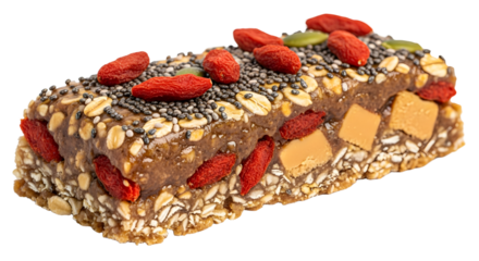 Healthy granola bar with oats, seeds, dried goji berries, and caramel cubes, perfect for nutritious snacks and on-the-go energy
