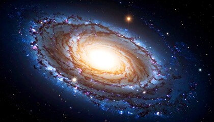 A vivid spiral galaxy swirls with blues, oranges, and purples against a black starry backdrop