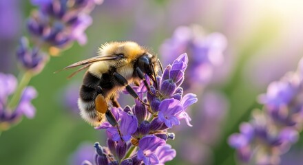 Bumblebee on lavender flower in sunlight close up nature photography