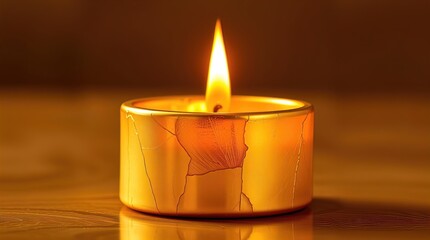 A glowing candle with a warm, flickering flame, set against a dark background, evoking a sense of tranquility and warmth
