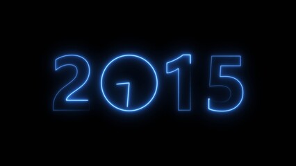2015 digital text celebration and Calendar neon bright royal blue color illustration. Clock icon timer concept on black background. 