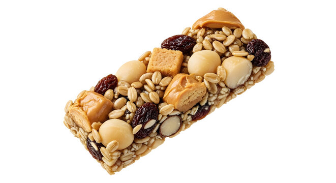 Nut and seed energy bar with dried fruits and peanuts on white background, healthy snack for on-the-go