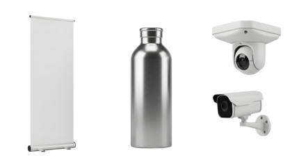 Silver stainless steel water bottle with blank banner and white security cameras isolated on white background, perfect for product display and marketing