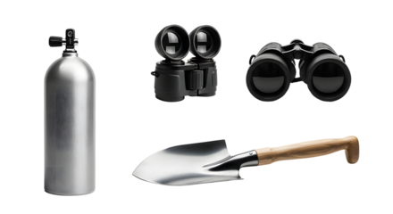 Scuba diving equipment with metal air tank, underwater goggles, and a hand shovel, isolated on white background, great for underwater exploration themes