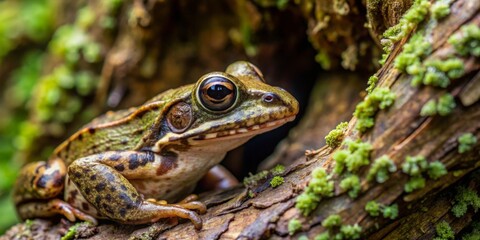 Obraz premium Close-up of a speckled amphibian perched on a mossy log in a forest