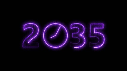 2035 digital text celebration and Calendar neon bright purple color illustration. Clock icon timer concept on black background. 