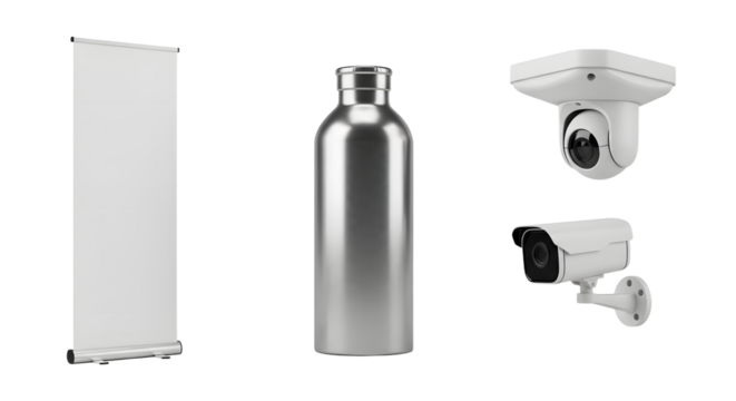 Silver stainless steel water bottle with blank banner and white security cameras isolated on white background, perfect for product display and marketing