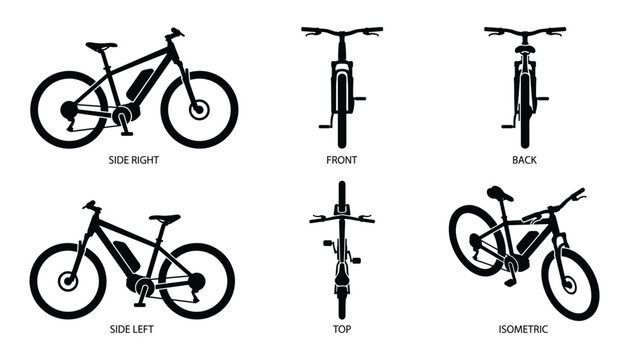 Vector illustration showing different views of an electric bicycle.