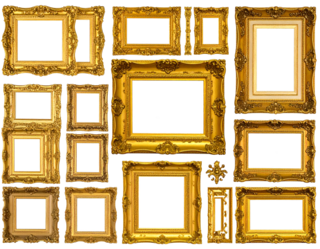 Assorted golden ornate frames create a gallery wall illusion