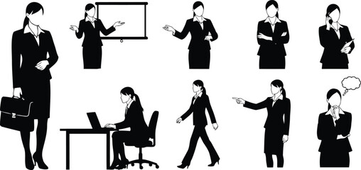 Collection of black silhouettes depicting a businesswoman in various professional poses and actions, including presenting, working, walking, and communicating, isolated on