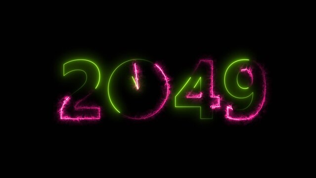2049 digital text celebration and Calendar neon bright colorful illustration . Clock icon timer concept on black background. 