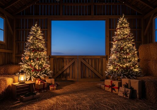 Christmas trees with lights and presents in a rustic barn at night