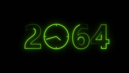 2064 digital text celebration and Calendar neon bright lime green color illustration. Clock icon timer concept on black background. 
