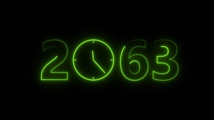 2063 digital text celebration and Calendar neon bright lime green color illustration. Clock icon timer concept on black background. 