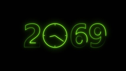 2069 digital text celebration and Calendar neon bright lime green color illustration. Clock icon timer concept on black background. 