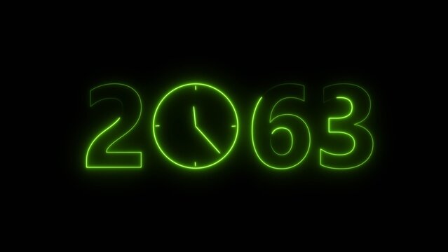 2063 digital text celebration and Calendar neon bright lime green color illustration. Clock icon timer concept on black background. 