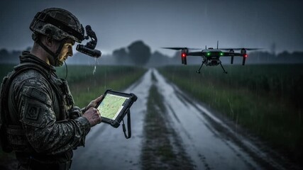 Soldier controls military drone with tablet on rainy field road. Professional drone operator technology for surveillance and reconnaissance. - Powered by Adobe