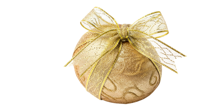 Golden textured easter egg decorated with a shimmering ribbon bow isolated on transparent background