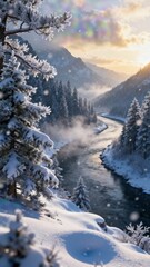 Silent winter river curves through snowy pines, frosted branches in the foreground and misty mountains in the background at sunrise, drifting flakes glow in soft light, serene winter atmosphere
