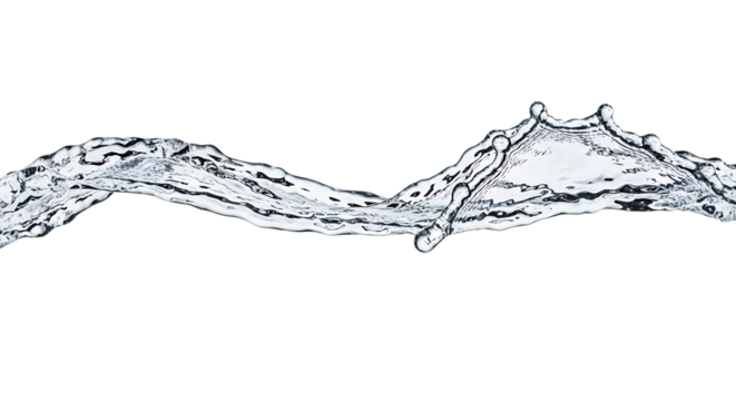 Dynamic water splash wave frozen in time isolated on transparent background