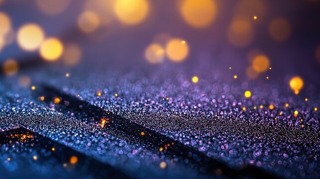 A close-up, abstract view of a textured surface covered in fine glitter, illuminated by soft, out-of-focus bokeh lights in warm yellow and cool purple tones.