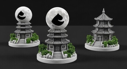 Three miniature grey stone pagodas with green foliage, two featuring a spherical top with a black symbol, displayed on a dark background.