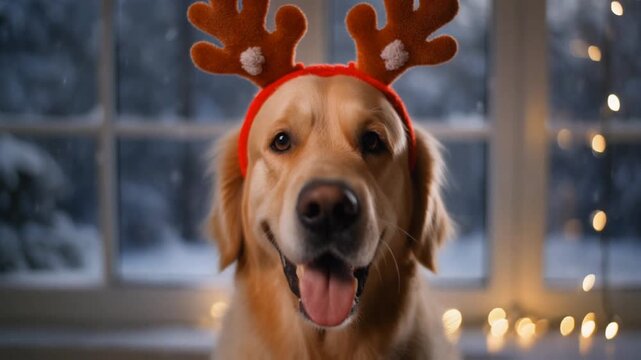 Golden Retriever dog wearing reindeer antlers portrait for Christmas holiday.