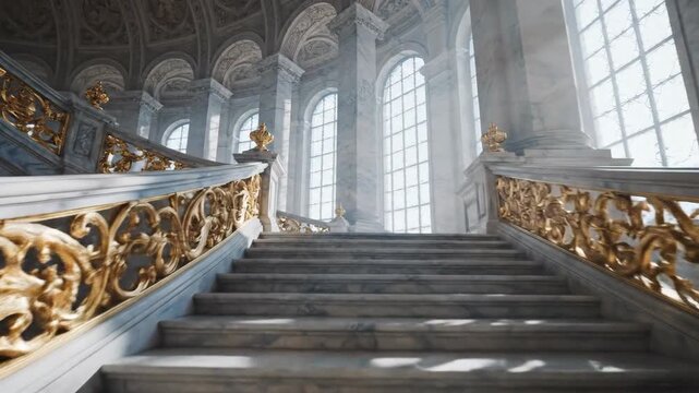 Grand marble staircase with ornate golden railing in classical hallway interior