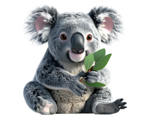 Cute fluffy koala holding eucalyptus leaves