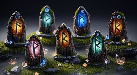Mystical glowing runestones with ancient symbols on grassy mounds in a dark, magical setting.