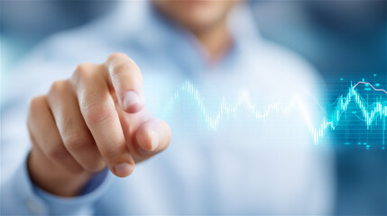 Hand pointing toward futuristic digital interface with glowing data lines and modern UI elements, symbolizing technology, innovation, analytics and corporate digital transformation.