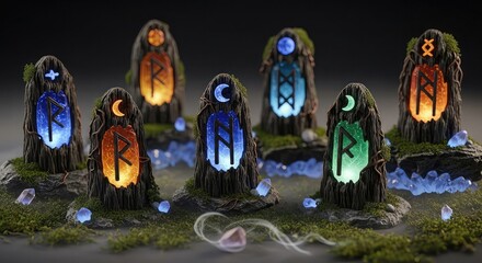 Mystical glowing runic stones with ancient symbols in a dark, mossy setting.