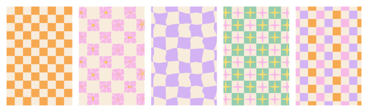 Set of Y2K seamless retro groovy simple checkered background. Retro pattern with a groovy checkerboard design.