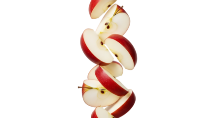 Vertical stack of sliced red apples forming an abstract shape isolated on transparent background