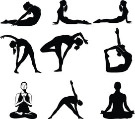 Silhouettes of women in various yoga poses and meditation, symbolizing health, balance, and tranquility, isolated on