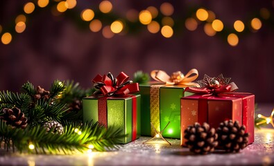 Christmas and new year background - gift boxes and pine cones and branches on the background of bokeh garlands christmas background christmas holiday background winter decoration celebration