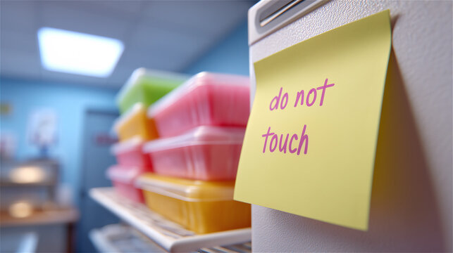 Sticky note with handwritten 'do not touch' message attached to office equipment, symbolizing organization, workplace boundaries, reminders and everyday office communication.