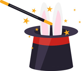 Magic hat, icon of a magic hat and wand with bunny ears. Magician's hat icon. Vector, cartoon illustration, poster, postcard. Vector