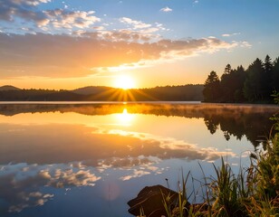 Serene sunrise over a tranquil lake