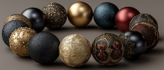 A collection of decorative spheres arranged in a circular formation display