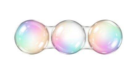 Three iridescent soap bubbles connected together in a row isolated on transparent background