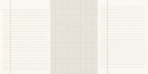 A collage of three different notebook paper styles lined, grid, and ruled with a margin