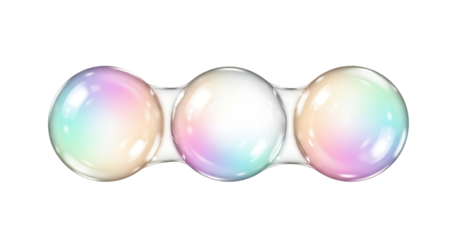 Three iridescent soap bubbles connected together in a row isolated on transparent background