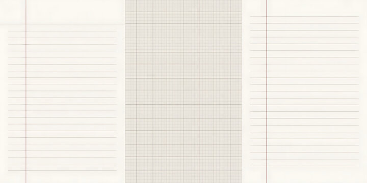 A collage of three different notebook paper styles lined, grid, and ruled with a margin - Powered by Adobe