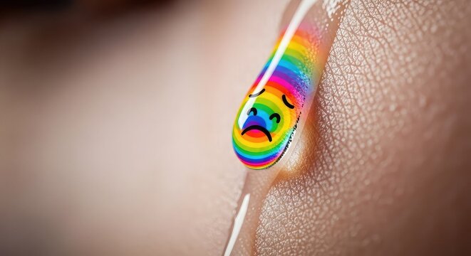 A rainbow-colored tear drop with a sad face emoji falling down human skin, symbolizing sadness and LGBTQ+ emotions.