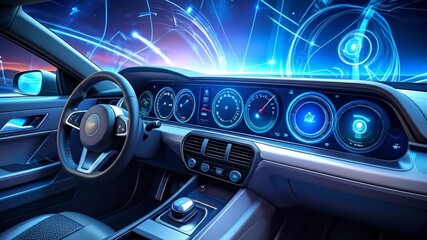 Futuristic Automobile Interior Dashboard with Digital Displays and Neon Lighting - Powered by Adobe