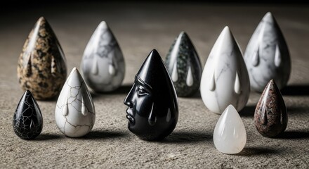A collection of various teardrop-shaped stone and marble sculptures displayed on a textured surface.
