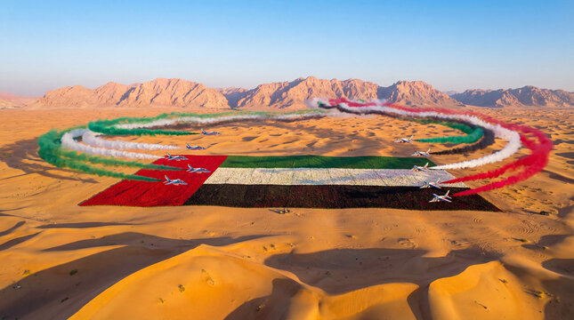 UAE National Day celebration with Al Fursan aerobatic jets creating a flag smoke trail over the desert.