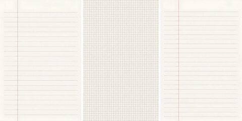 Three types of lined paper ruled, grid, and plain, isolated on white background