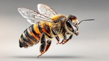 Dynamic macro close-up of a honeybee in flight, capturing its intricate details, furry body, and transparent wings.